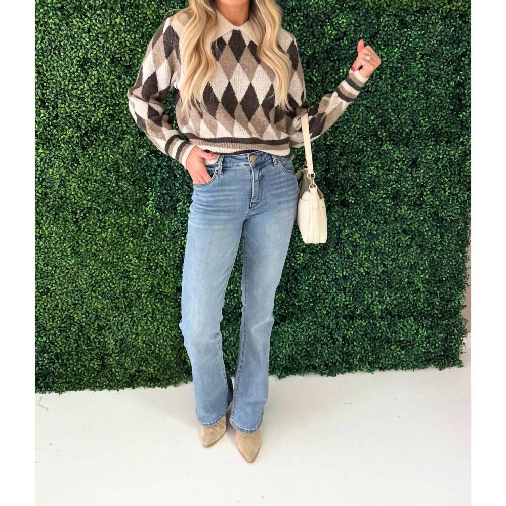 NEW AARON & AMBER argyle pattern collar sweater top in brown combo